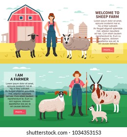 Sheep breeding farm 2 flat horizontal banners webpage with ram ewes farmers introduction text isolated vector illustration 