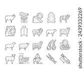 Sheep Breeding Farm Business Icons Set Vector. Sheep Breeding And Food Producing From Farmland Animal, Lamb Meat And Milk Line. Lanolin Wool Wax And Electric Devices Black Contour Illustrations