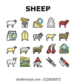 Sheep Breeding Farm Business Icons Set Vector. Sheep Breeding And Food Producing From Farmland Animal, Lamb Meat And Milk Line. Lanolin Wool Wax And Electric Devices Color Illustrations svg