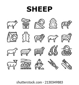 Sheep Breeding Farm Business Icons Set Vector. Sheep Breeding And Food Producing From Farmland Animal, Lamb Meat And Milk Line. Lanolin Wool Wax And Electric Devices Black Contour Illustrations svg