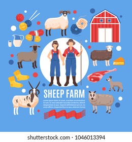 Sheep breeding lambing raising for wool meat dairy products traditional organic farm flat background poster vector illustration 