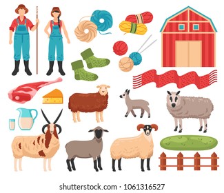 Sheep breeding products flat icons collection with farmers ewes ram wool meat milk cheese isolated vector illustration 