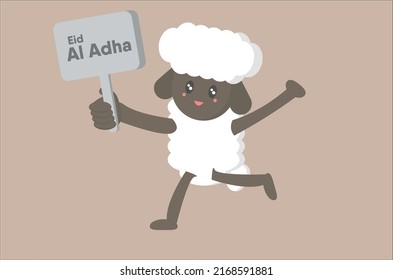 SHEEP BRINGS A NOTIFICATION BOARD THAT SAYS "EID AL-ADHA"