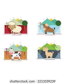 Sheep, Bull, Cow and Goat vector with the scenic background. Perfect for coloring book, textiles, icon, web, painting, books, t-shirt print.