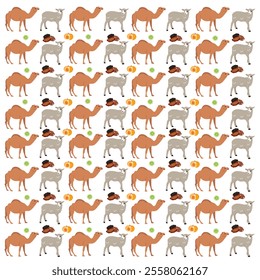 sheep, camel with fruit as a pattern background