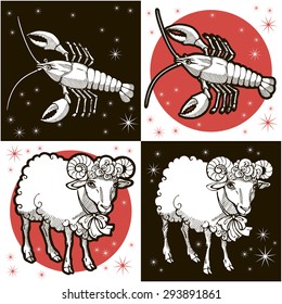 Sheep. Cancer. Zodiac signs. Aries. Cancer. Vector illustration. Black and white image, red circle