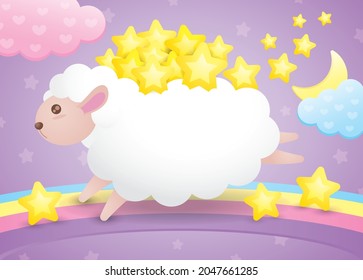 a sheep is carrying many gold stars and run on pastel rainbow with cute cloud element in night sky scene. kawaii night scene illustration vector that you can put your text on body of sheep