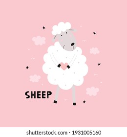 Sheep cartoon background Flat style design for web, graphics, card printing, vector illustration.