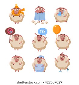 Sheep Cartoon Character Set Of Cute Childish Style Bright Color Design Icons Isolated On White Background