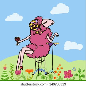 Sheep cartoon character with wine