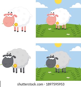 Sheep Cartoon Characters With A Flower. Flat Design Vector Collection Isolated On White Background