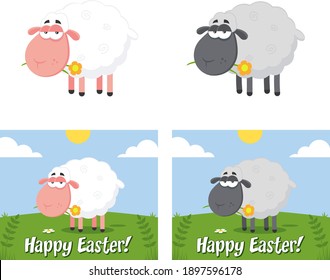 Sheep Cartoon Characters With A Flower. Flat Design Vector Collection Isolated On White Background