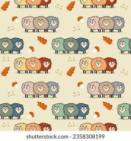 Sheep cartoon so cute color autumn. On leaf mushroom background. Pattern seamless vector illustration. 
