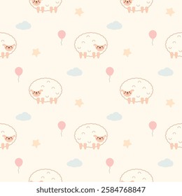 Sheep cartoon so cute. On balloon cloud star background. Pattern seamless vector illustration. 