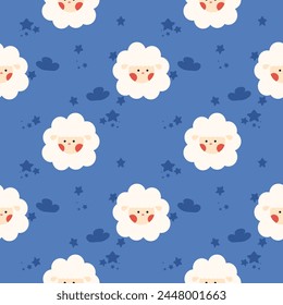 Sheep cartoon so cute. On cloud star blue background. Pattern seamless vector illustration. 
