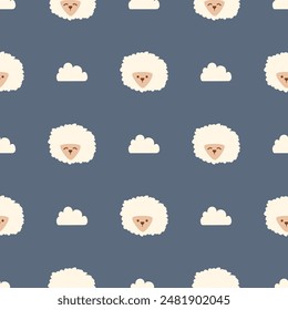 Sheep cartoon so cute. On cloud blue background. Pattern seamless vector illustration. 