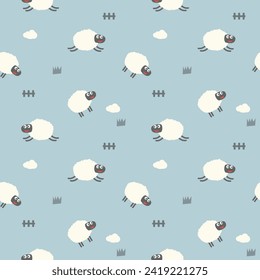Sheep cartoon so cute. On grass fence cloud background. Pattern seamless vector illustration. 
