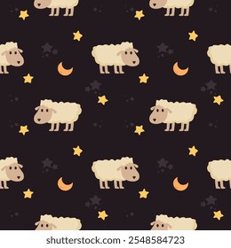 Sheep cartoon so cute. On star moon background. Pattern seamless vector illustration. 
