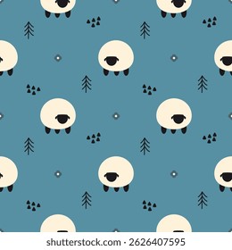 Sheep cartoon so cute. On tree flower background. Pattern seamless vector illustration. 