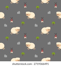 Sheep cartoon so cute. On tree mountain cloud white windmill gray background. Pattern seamless vector illustration. 