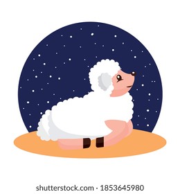 sheep cartoon lying between starry night. vector cartoon