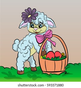 sheep cartoon on background with easter egg