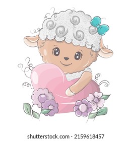 Sheep cartoon picture illumination. Sheep hugs a cute heart. Cute little illustration of lamb for kids, baby book, fairy tales, baby shower invitation, textile t-shirt, sticker.