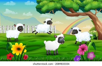 caricatura de ovejas jugando en la pradera en un fondo de arcoiris