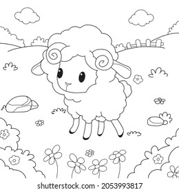 Sheep cartoon vector illustration.Coloring book page