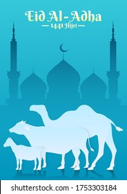 sheep, cattle, and camel silhouette with mosque background. ied al adha, religious and faith concept flat vector illustration
