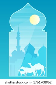 sheep, cattle, and camel silhouette with mosque background. ied al adha, religious and faith concept flat vector illustration