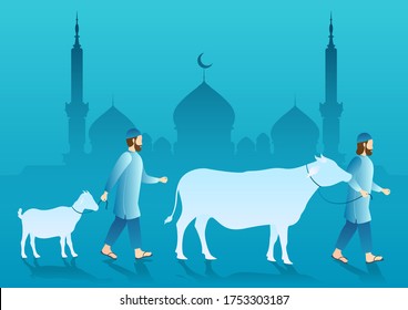 sheep, cattle, and muslim man silhouette with mosque background. ied al adha, religious and faith concept flat vector illustration