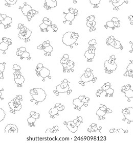 Sheep character cartoon. Seamless pattern. Coloring Page. Cute farm animal. Flower, grass and plant. Vector drawing. Design ornaments.