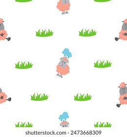 Sheep character cartoon. Seamless pattern. Cute farm animal. Flower, grass and plant. Vector drawing. Design ornaments.