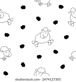 Sheep character cartoon. Seamless pattern. Coloring Page. Cute farm animal. Flower, grass and plant. Vector drawing. Design ornaments.