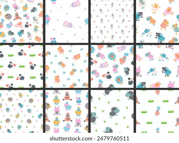 Sheep character cartoon. Seamless pattern. Cute farm animal. Flower, grass and plant. Vector drawing. Collection of design ornaments.