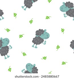 Sheep character cartoon. Seamless pattern. Cute farm animal. Flower, grass and plant. Vector drawing. Design ornaments.