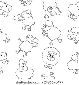 Sheep character cartoon. Seamless pattern. Coloring Page. Cute farm animal. Flower, grass and plant. Vector drawing. Design ornaments.