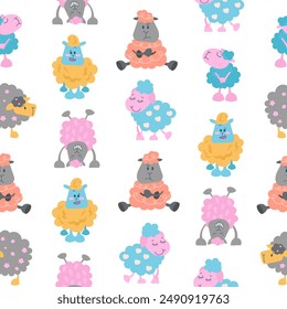 Sheep character cartoon. Seamless pattern. Cute farm animal. Flower, grass and plant. Vector drawing. Design ornaments.