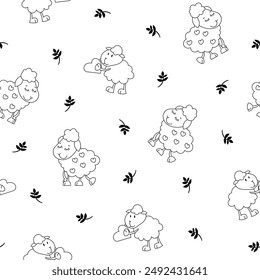 Sheep character cartoon. Seamless pattern. Coloring Page. Cute farm animal. Flower, grass and plant. Vector drawing. Design ornaments.