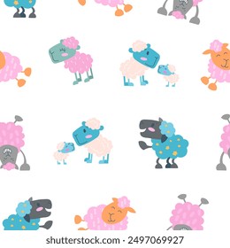 Sheep character cartoon. Seamless pattern. Cute farm animal. Flower, grass and plant. Vector drawing. Design ornaments.