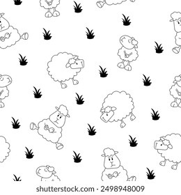 Sheep character cartoon. Seamless pattern. Coloring Page. Cute farm animal. Flower, grass and plant. Vector drawing. Design ornaments.