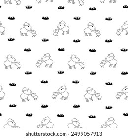 Sheep character cartoon. Seamless pattern. Coloring Page. Cute farm animal. Flower, grass and plant. Vector drawing. Design ornaments.