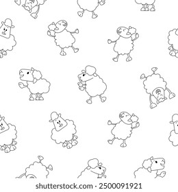 Dibujos animados de personajes de ovejas. Patrón sin fisuras. Página para colorear. Lindo animal de granja. Flor, hierba y planta. Dibujo de Vector. Diseña adornos.