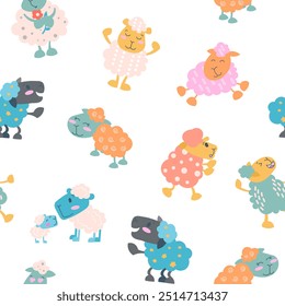 Sheep character cartoon. Seamless pattern. Cute farm animal. Flower, grass and plant. Vector drawing. Design ornaments.