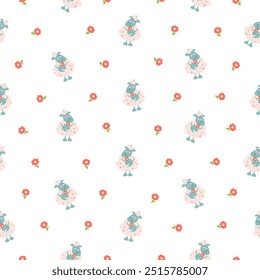 Caricature de mouton. Motif harmonieux. Mignon animal de ferme. Fleur, herbe et plante. Dessin d'Image vectorielle. Concevez des ornements.