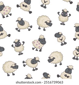 Sheep character cartoon. Seamless pattern. Cute farm animal. Flower, grass and plant. Vector drawing. Design ornaments.