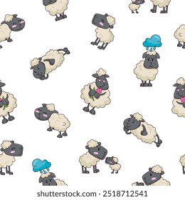 Sheep character cartoon. Seamless pattern. Cute farm animal. Flower, grass and plant. Vector drawing. Design ornaments.