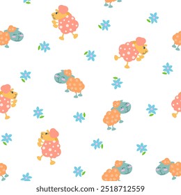 Sheep character cartoon. Seamless pattern. Cute farm animal. Flower, grass and plant. Vector drawing. Design ornaments.