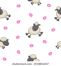 Sheep character cartoon. Seamless pattern. Cute farm animal. Flower, grass and plant. Vector drawing. Design ornaments.